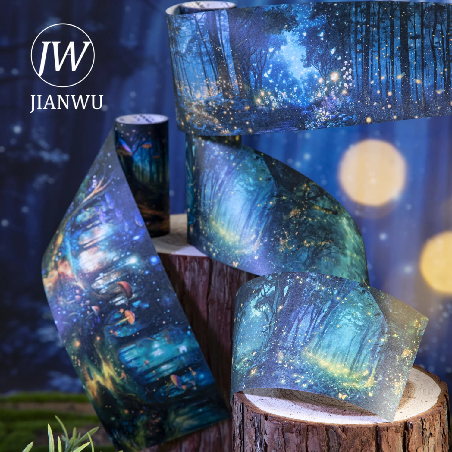 JIANWU 80mm*200cm Night Forest Series Vintage Tree Light Landscape Material Collage Washi Tape Creative DIY Journal Stationery