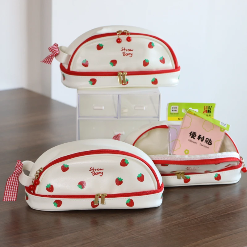 Cute Strawberry Love Pen Bag for Cool Girl PU Easy to Clean Butterfly Knot Stationery Storage Bag Birthday Gift Pen Bag 1pc