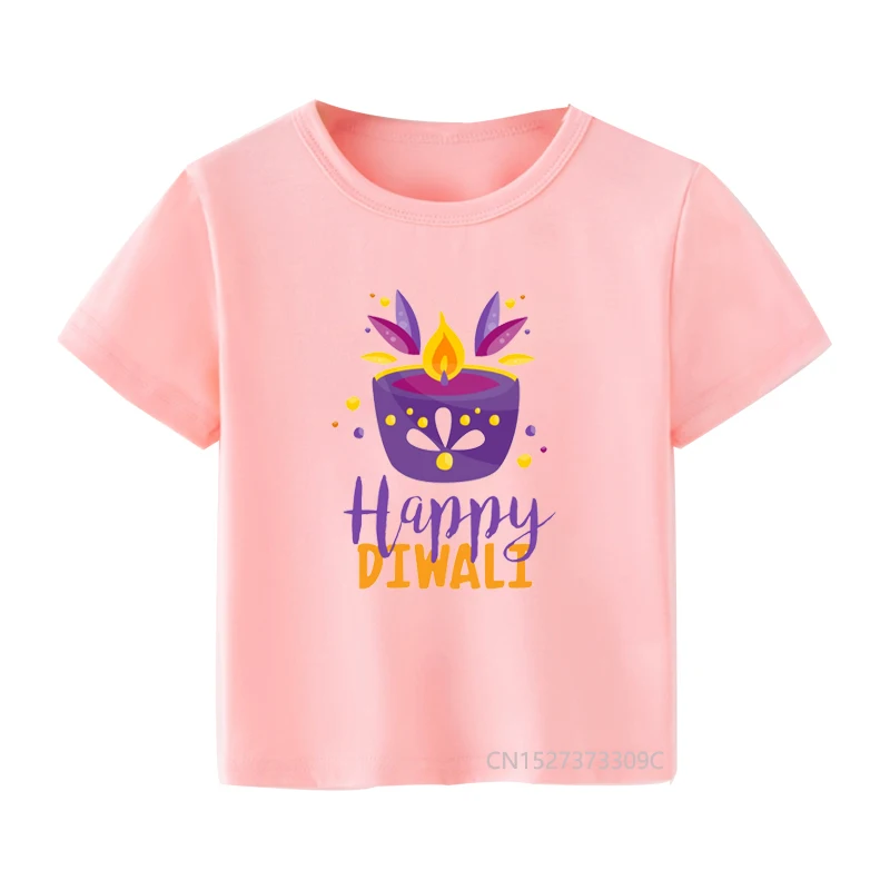 Happy Diwali Print koszulka dziecięca chłopcy Deepavali biała koszula dziewczyny różowe stroje ubrania wakacje dzieci t-shirty z krótkim rękawem Top