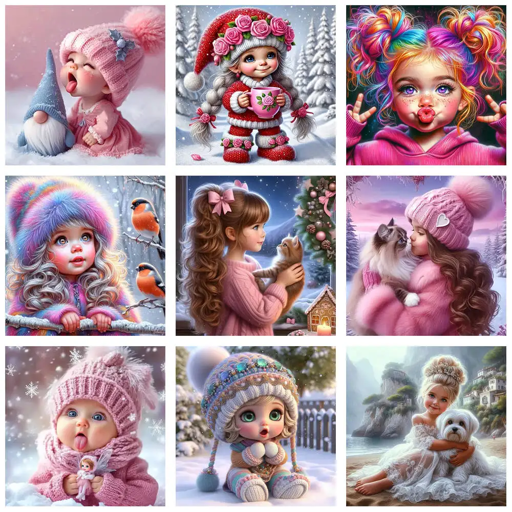5D DIY Diamond Painting Pink Winter Outfit Gnome Woolen Hat 