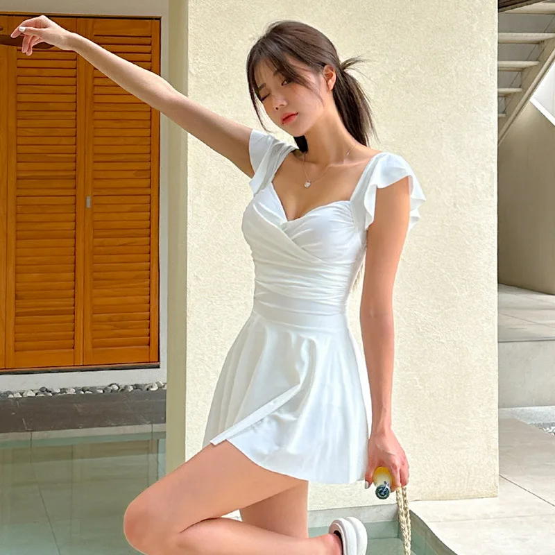 

Korean White One Piece Swimwear Skirts Trummy Control Swimsuit Push Up Bathing Suit Sexy Monokini Swim Ruffle Beachwear 2024 New