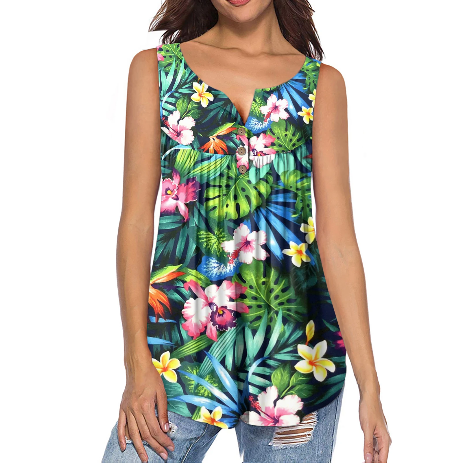 

Polynesian Samoan Floral Print Top Sexy Sleeveless Tank Tops Women Summer Loose Casual Button V-Neck Sleeveless Blouse Shirt
