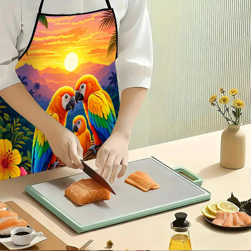 Colorful Parrot Family Apron, Tropical Bird Sunset Kitchen Bib, Vibrant Nature Cooking Gift for Women Mom Home Decor