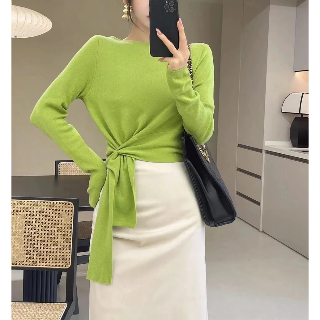 Women\'s Spring and Autumn Round Neck Long Sleeve Solid Color Knitwear Fashion Casual Slim Elegant Commuter Korean Version Tops