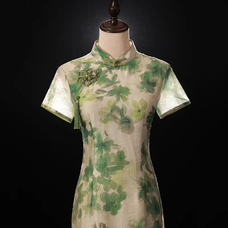 2024 Summer New Short Sleeve Long Cheongsam Chinese Green Fashion Qipao Sweet Eleganti Modern Improve Women Vintage Dress