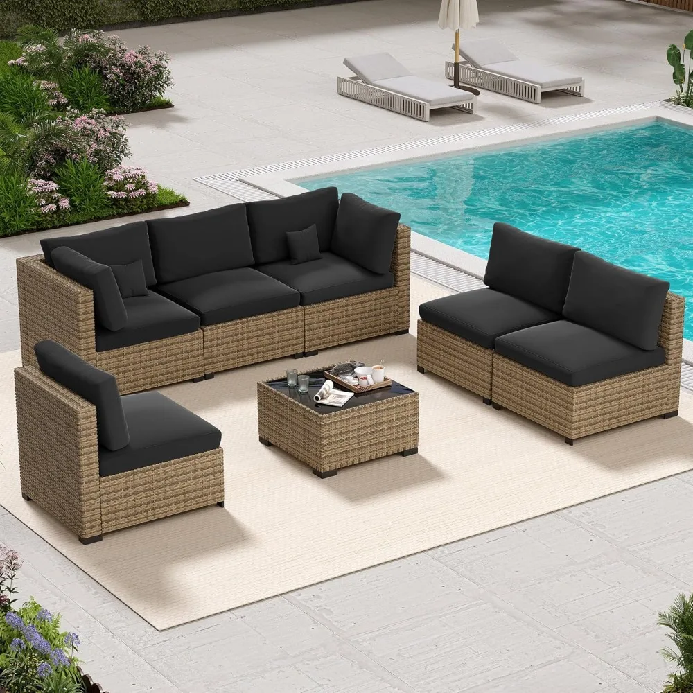 

7 Piece Patio Furniture Set, Outdoor Furniture Patio Sectional Sofa Set, All Weather PE Rattan Outdoor with Black Cushion and Gl