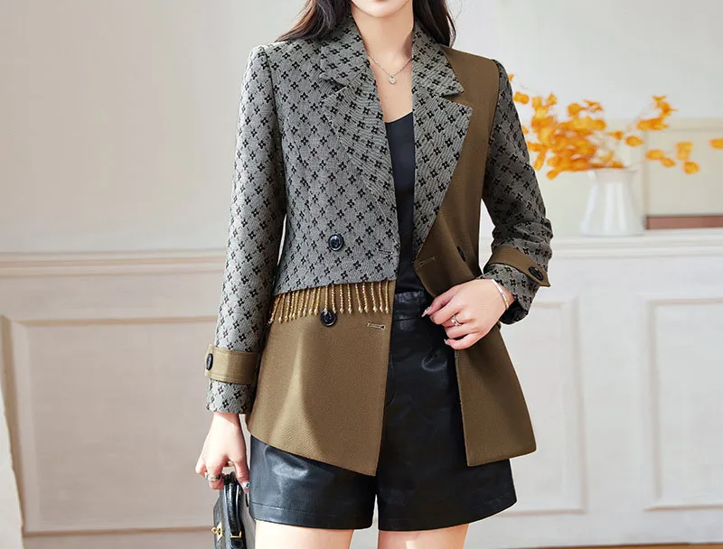 Tesco British Style Women's Blazer Suit Double Breasted Casual Jacket Patchwork Beading Fashion Female Coat Office Outerwear