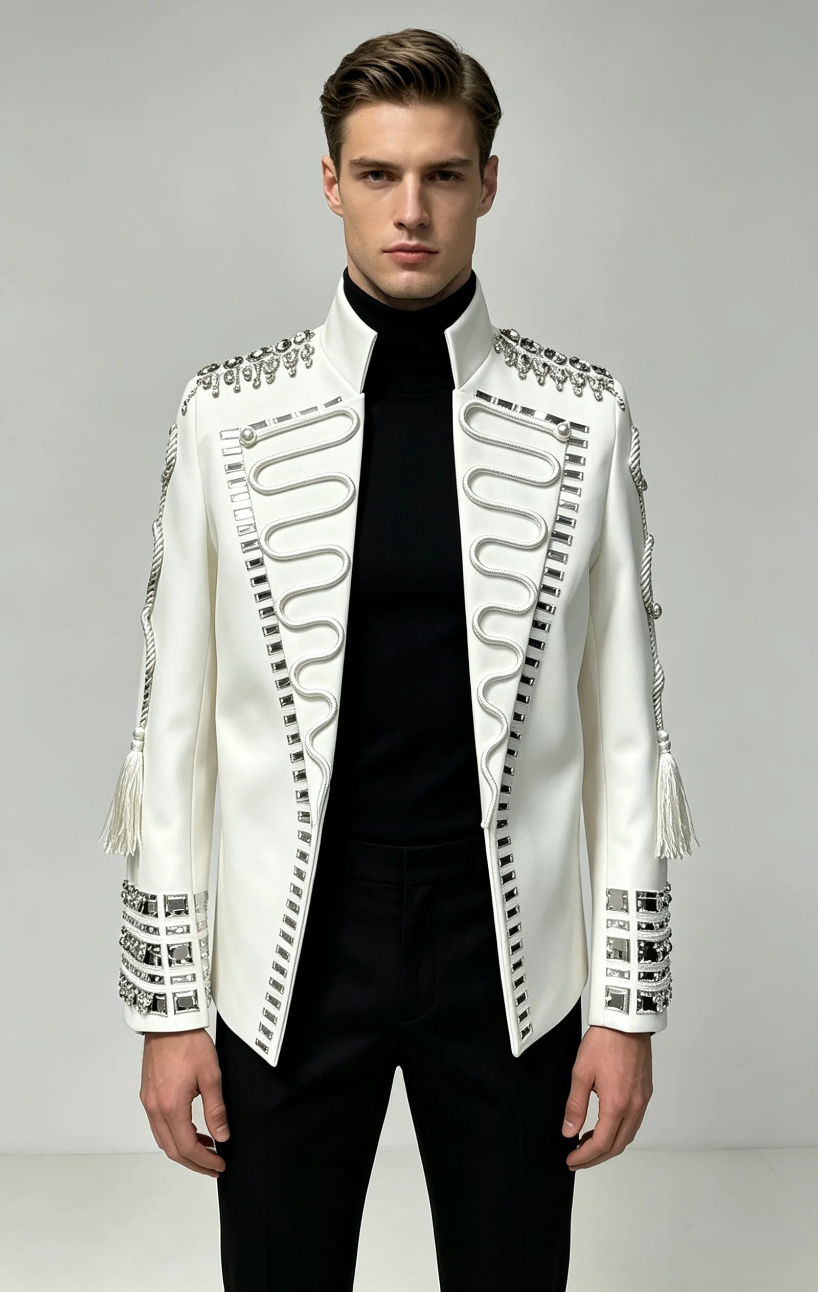 Military Style Men's White Rhinestone Sequins Jacket with Black white Plaid Bodysuit Tail Wedding Groom Prom Performance Outfits
