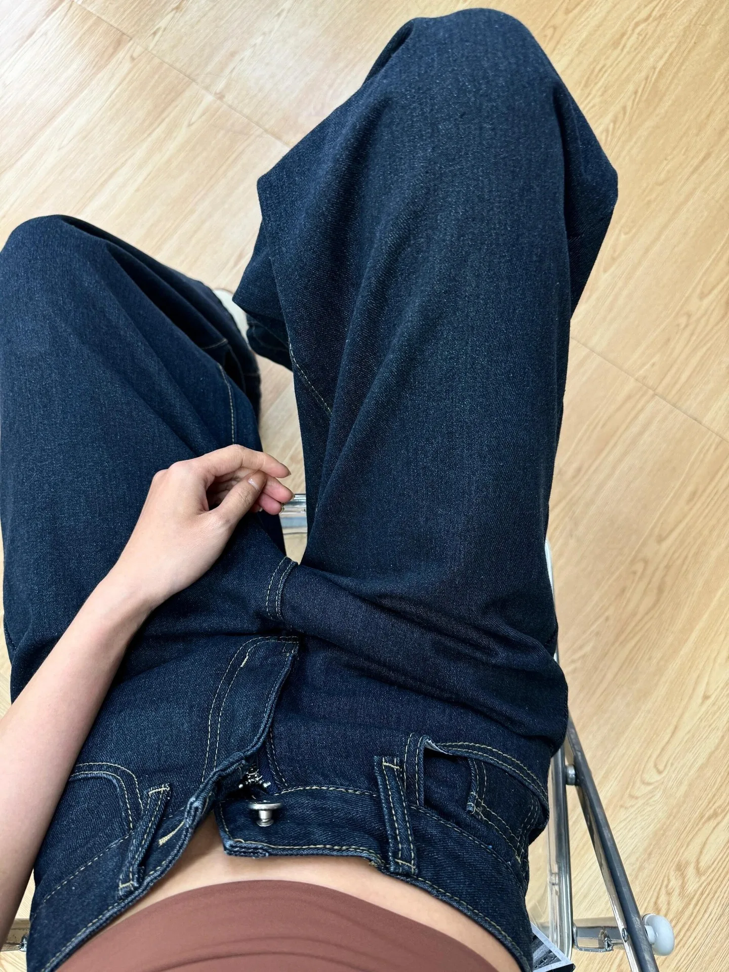 أنيقة خمر الأزرق الداكن واسعة الساق الجينز النساء عالية الخصر سليم صالح مستقيم الساق السراويل الحد الأدنى اللف الطابق طول الدنيم #3