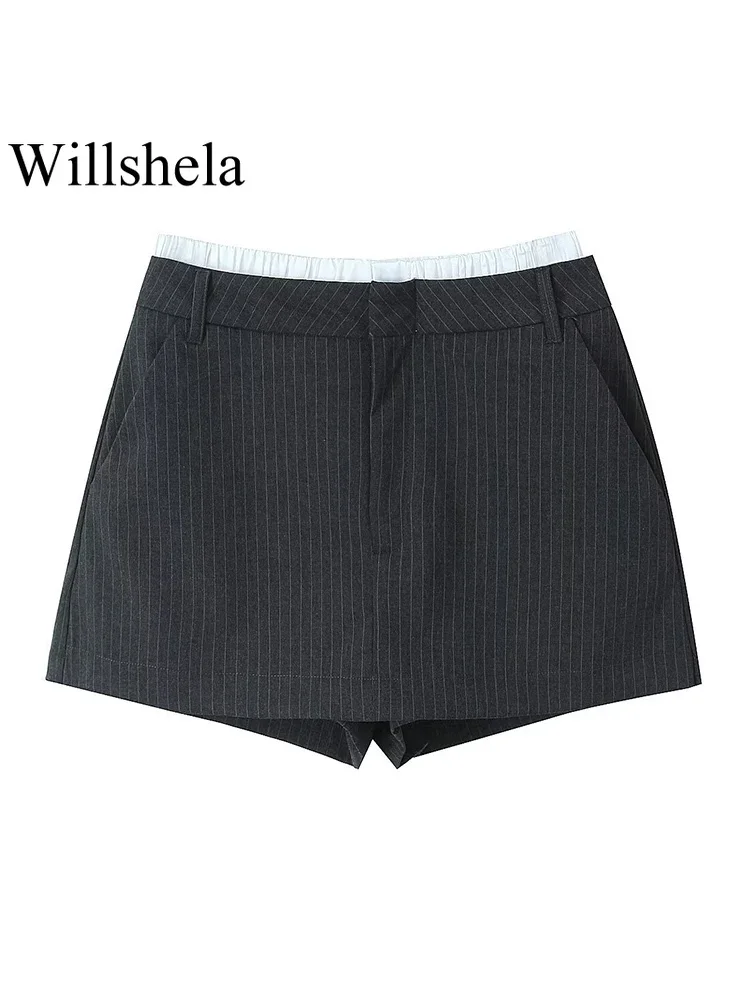 Willshela Women Fashion Patchwork Striped Front Zipper Mini Skirts Shorts Vintage High Waist Female Chic Lady Shorts