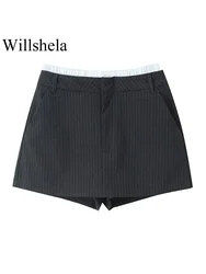 Willshela Women Fashion Patchwork Striped Front Zipper Mini Skirts Shorts Vintage High Waist Female Chic Lady Shorts