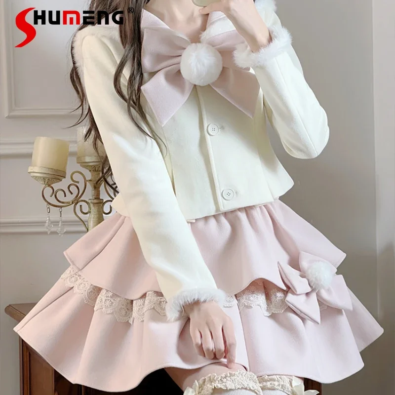 

Women's Kawaii Suit Autumn Winter Japanese Rojita Woolen Top Pink Cake Skirt Bow Jacket Thin Skirts Two-piece Set Outfits Female