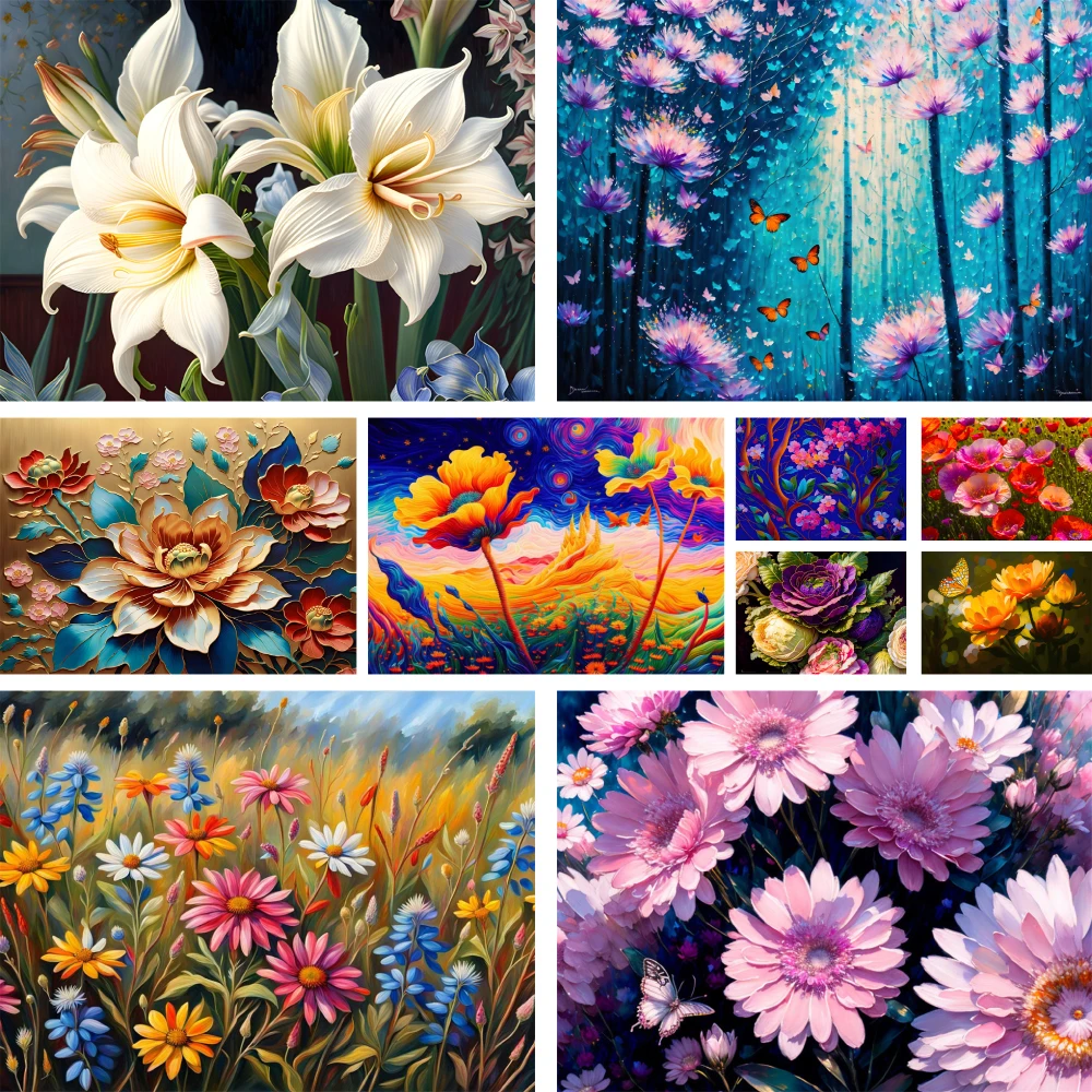 Flowers Poppy Lily Lotus Printed Cross-Stitch DIY Embroidery Set DMC Threads Hobby Handicraft Sewing Painting Mulina Sales Floss