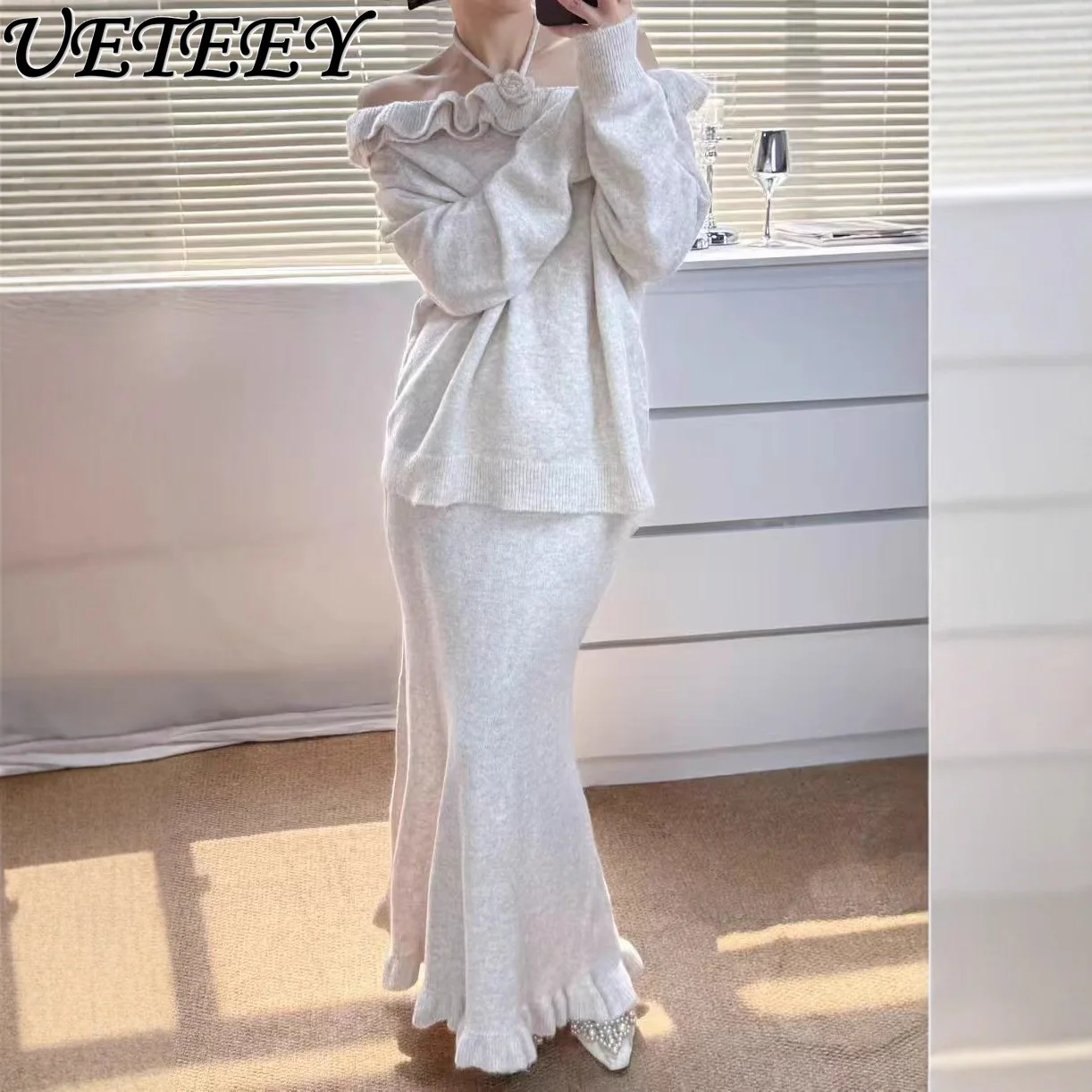 

Fashionable Lace Off-Shoulder Socialite Solid Color Loose Slimming Knitted Top and Skirt Women Autumn New Two-Piece Set