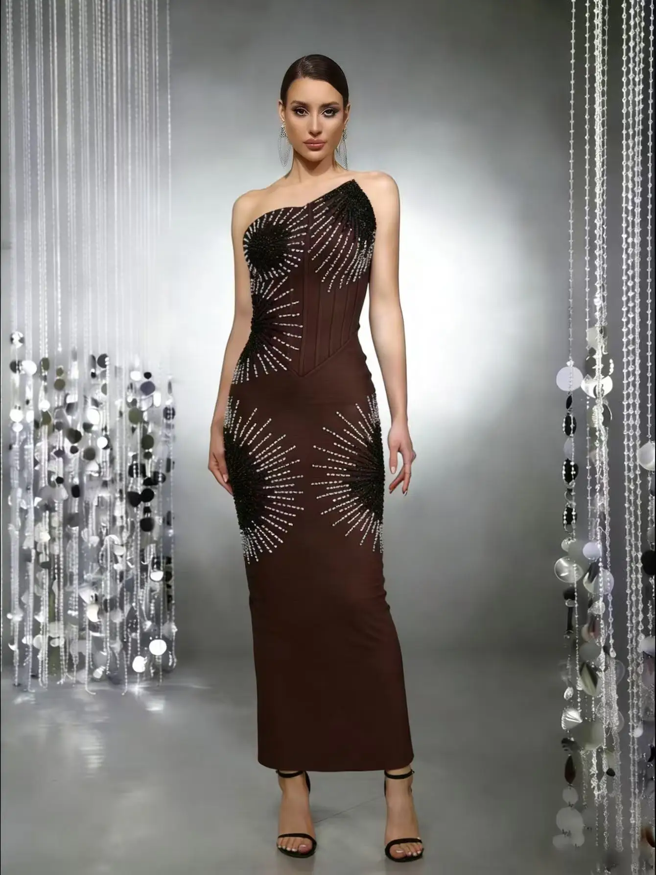 

Женское вечернее платье-бандо без бретелек с пайетками и сияющим звездным узором, облегающее макси-платье для гала-вечеров, выпускных и свадебных мероприятий