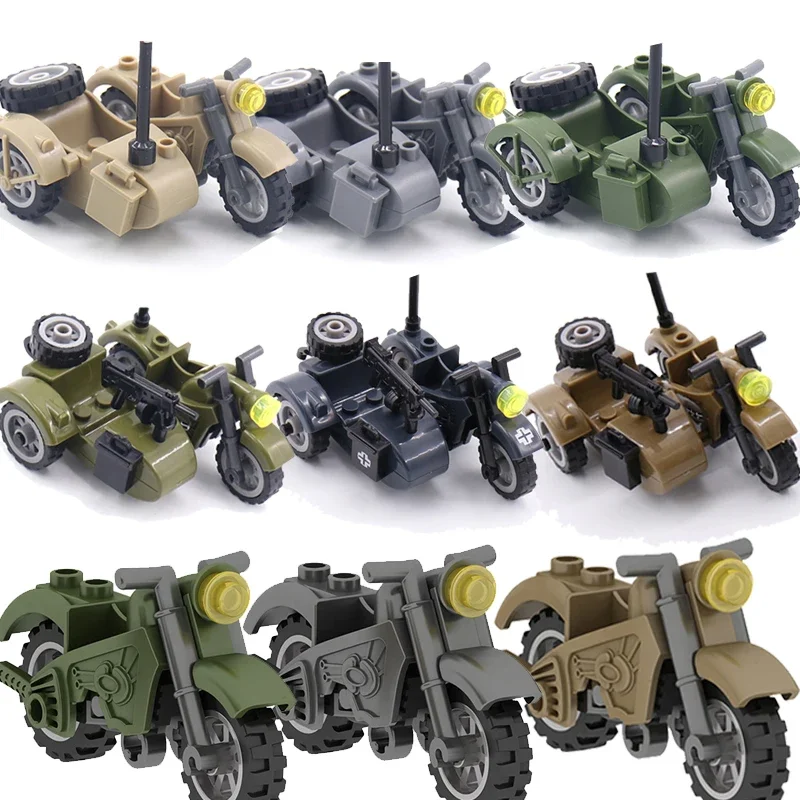 Military WW2 Moto Three Rounds Motorcycle Vehicle Tool Car Army Figures Accessories Building Blocks Toys For Children Kits MOC