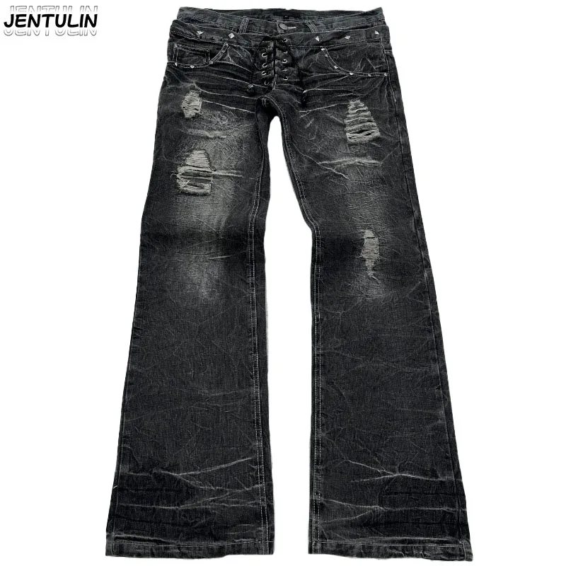 Fashionable High Street Double Waisted Lace Up Micro Flared Women Jeans Y2K Retro Harajuku Washed Design For Men And Women Jeans