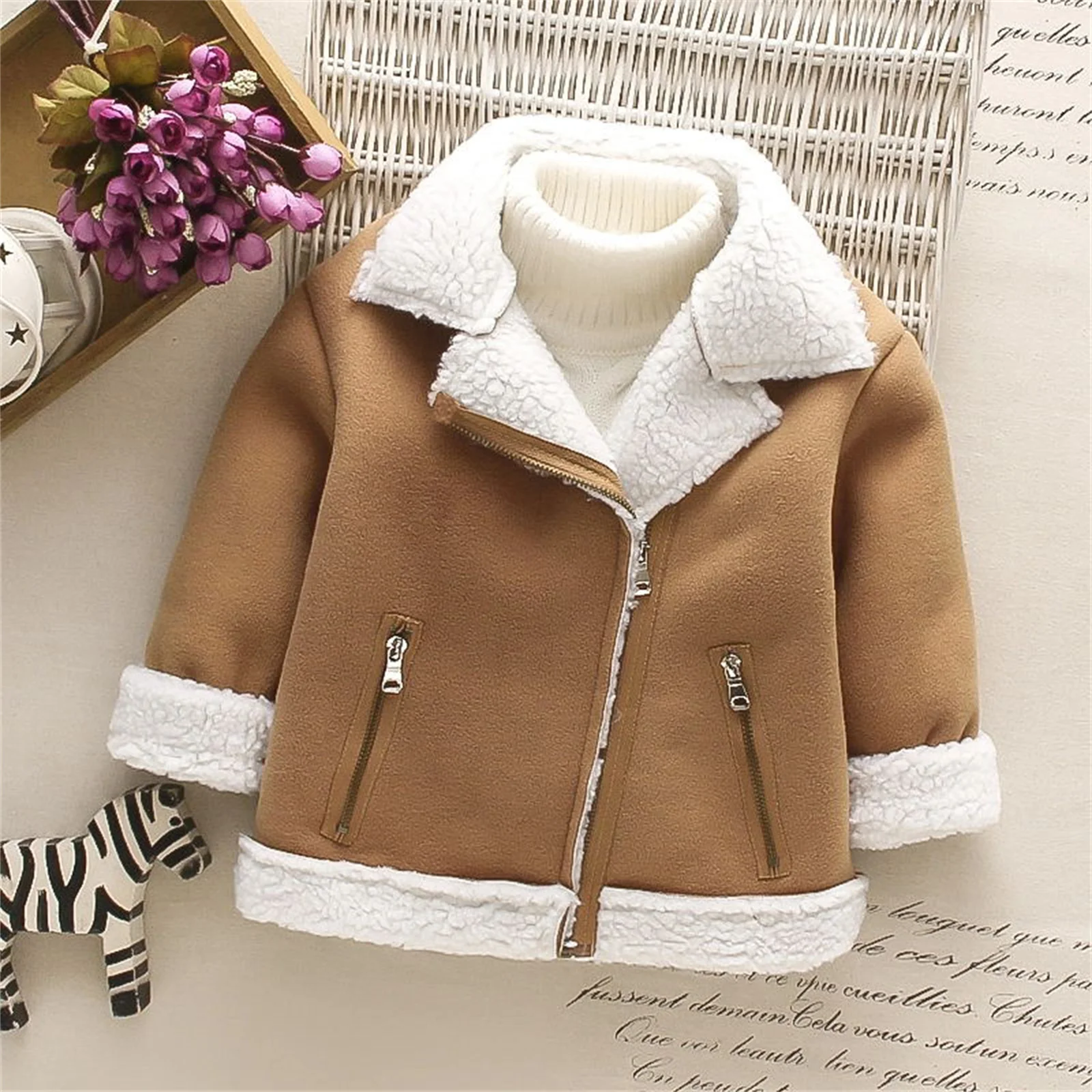 PatPat Toddler Girl/Boy Lapel Collar Zipper Fuzzy Berber Fleece Coat