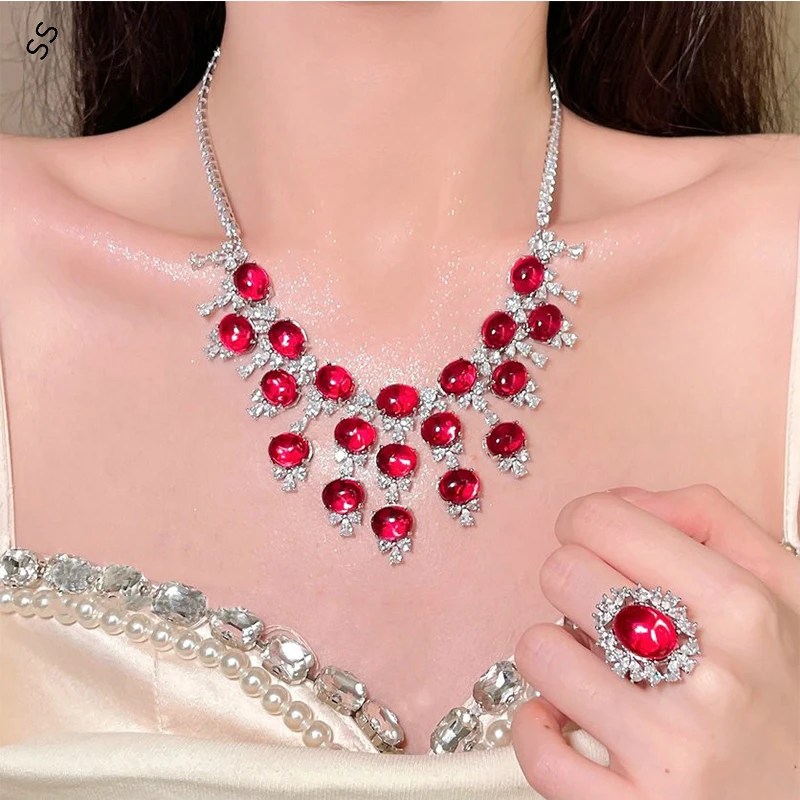 Luxury Noble Red Gemstone Zircon Jewelry Sets 4 Pieces Pomegranate Seed Flower Open Ring Bracelet Chain Necklace Earrings