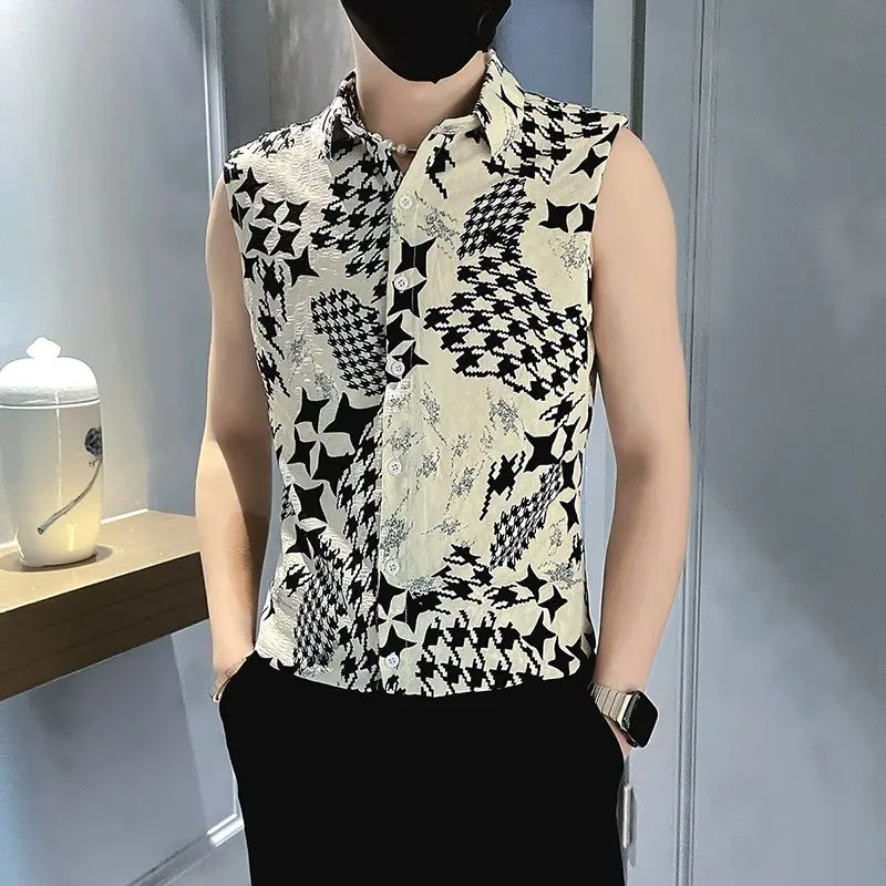 Elegant Fashion Harajuku Slim Fit Ropa Hombre Loose Casual Sport All Match Blusa Printed Button Pointed Collar Sleeveless Vest