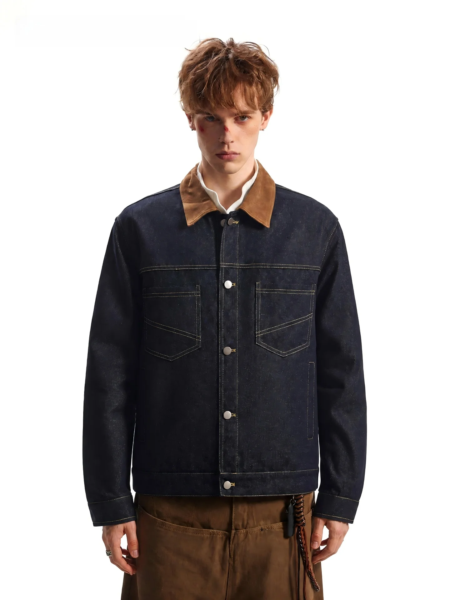 SDMADE American Retro Short Collarless Men's Denim Jacket Autumn Original Cowboys Workwear Outerwear Loose Fit Long Sleeve