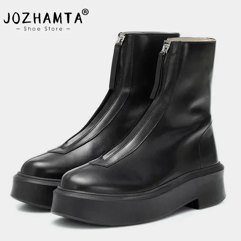 JOZHAMTA Size 34-41 Real Leather Women Ankle High Boots Thick Heels Platform Booties Fall Winter Shoes 2025 Casual Office Dress