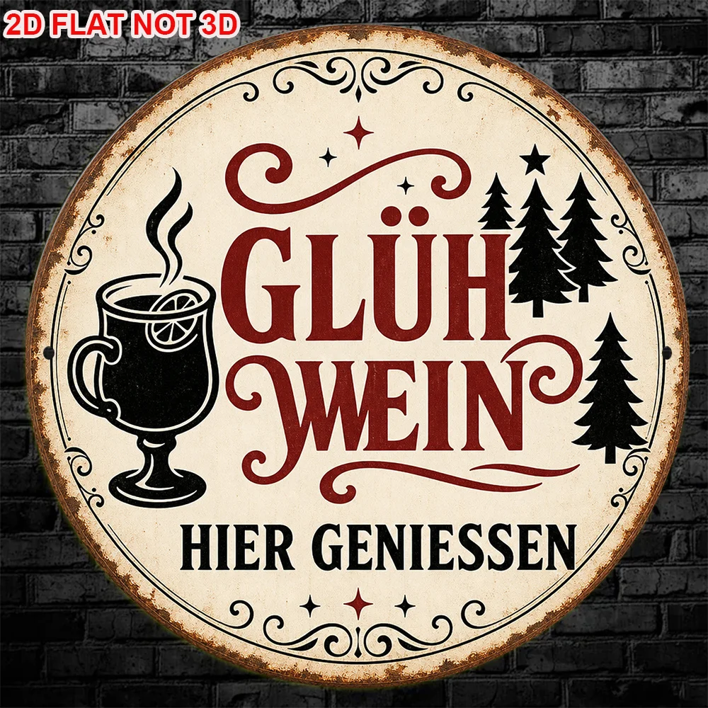 2D Flat, 1pc 1pcs Vintage German Mulled Wine Sign - 8x8in/20x20cm Round Plaque Suitable for Bar, Cafe & Christmas Decor, Retro G