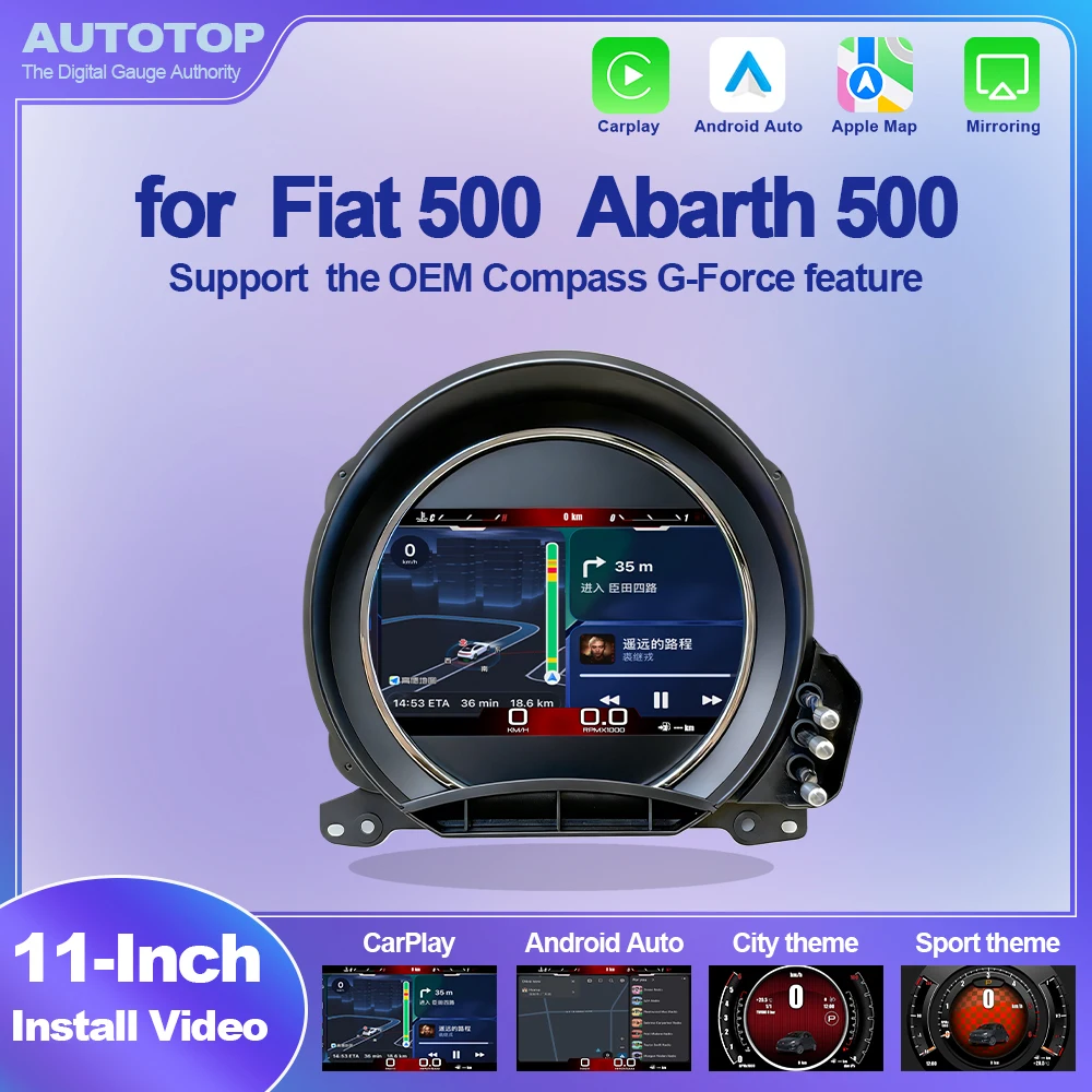 AUTOTOP 7" Écran numérique sans fil CarPlay pour Fiat 500 Abarth 500 2007-2024, Android Auto Mirror link Compteur de vitesse BT