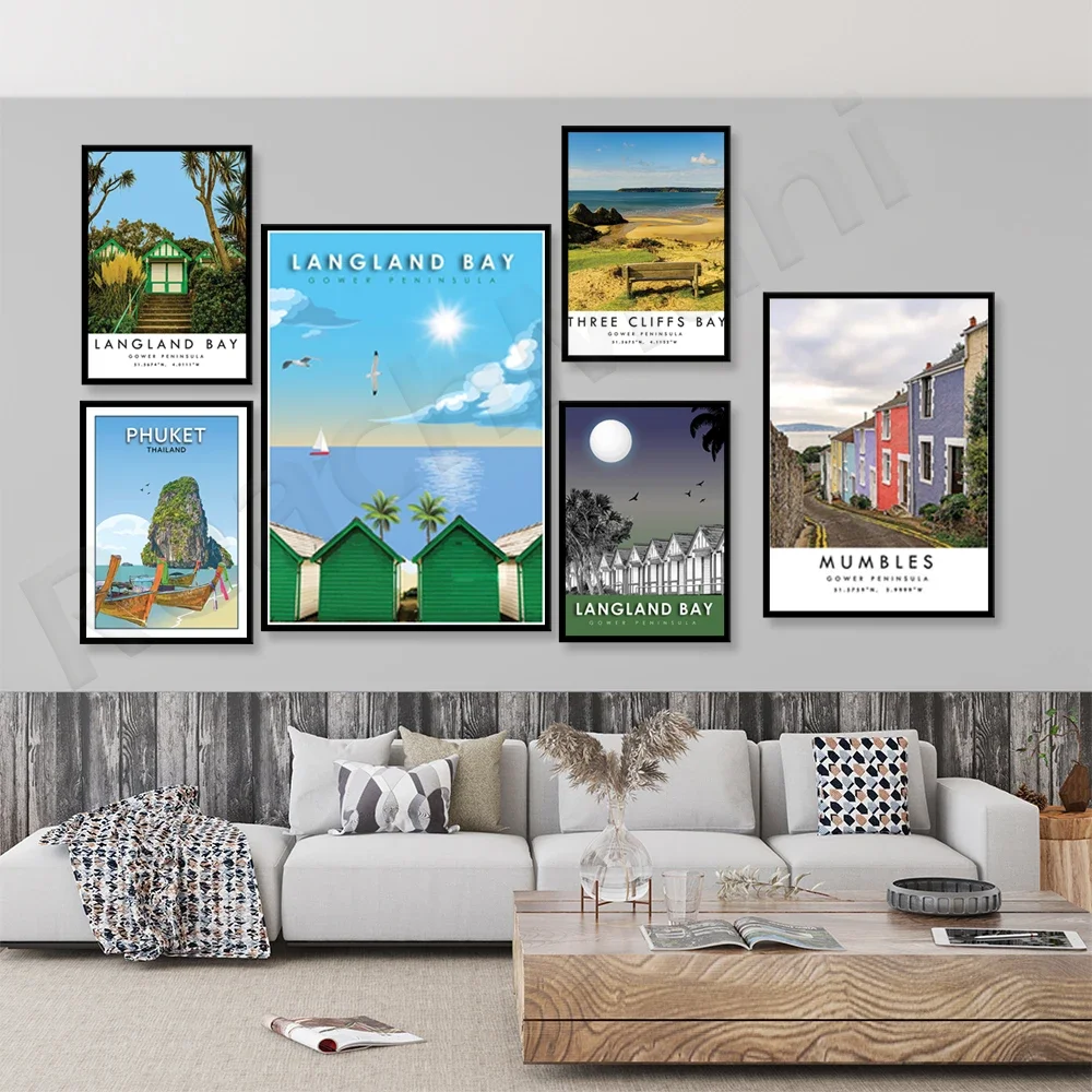 Travel posters, Three Cliffs Bay, Gower Peninsula, Phuket, Thailand, Wales, UK, Gower Peninsula, city landmarks, minimalist home