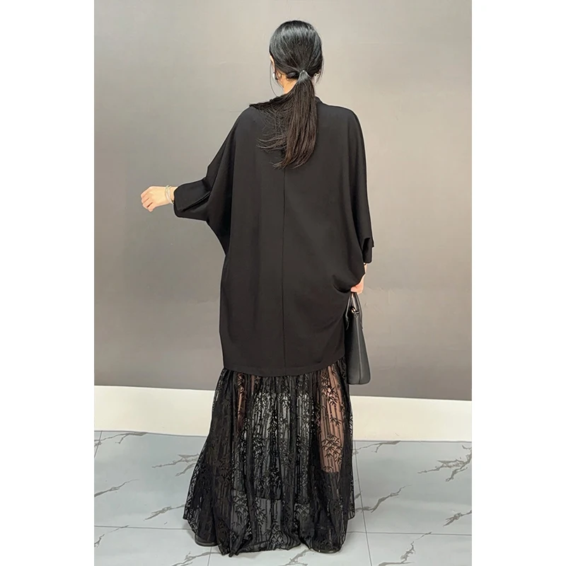 2024 Autumn New Elegant Black Patchwork Flower Loose Long Dress Women Fashion Long Sleeve Lace Dress Wholesale J500