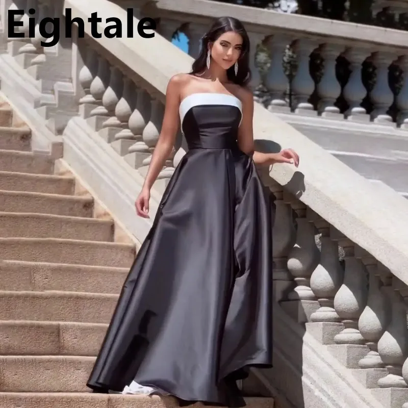 

Eightale 2023 Black And White Evening Dresses Bow Back Strapless A Line Satin Prom Dresses Dubai Formal Party Gown