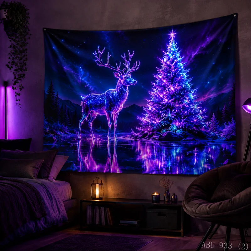 VIKAMA Neon Purple Blue Reindeer Standing Tree Water Reflection Star Mountain Forest Galaxy Christmas Tapestry Wall Hanging Soft
