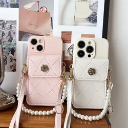 Pearl Strap Case For Samsung Galaxy A16 A55 A35 A25 A15 A54 A34 A14 A36 A53 Wallet Card Flower Crossbody Cord Lanyard Bag Cover