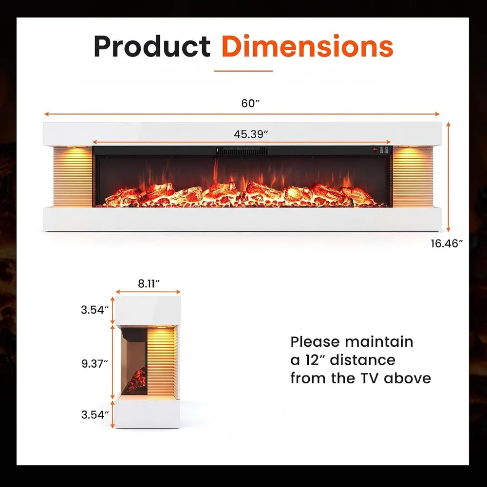 3 Sided Wall Mount Electric Fireplace w/ 60