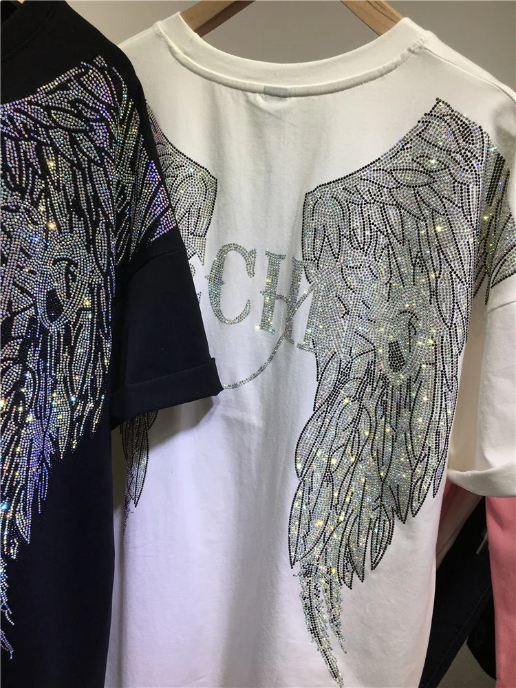 คนอ้วนขนาดใหญ่สวมใส่ปีก Rhinestone ยุโรปแขนสั้นความยาวกลางฤดูร้อนหลวม POP TOP เสื้อยืดแขนสั้นผู้หญิง