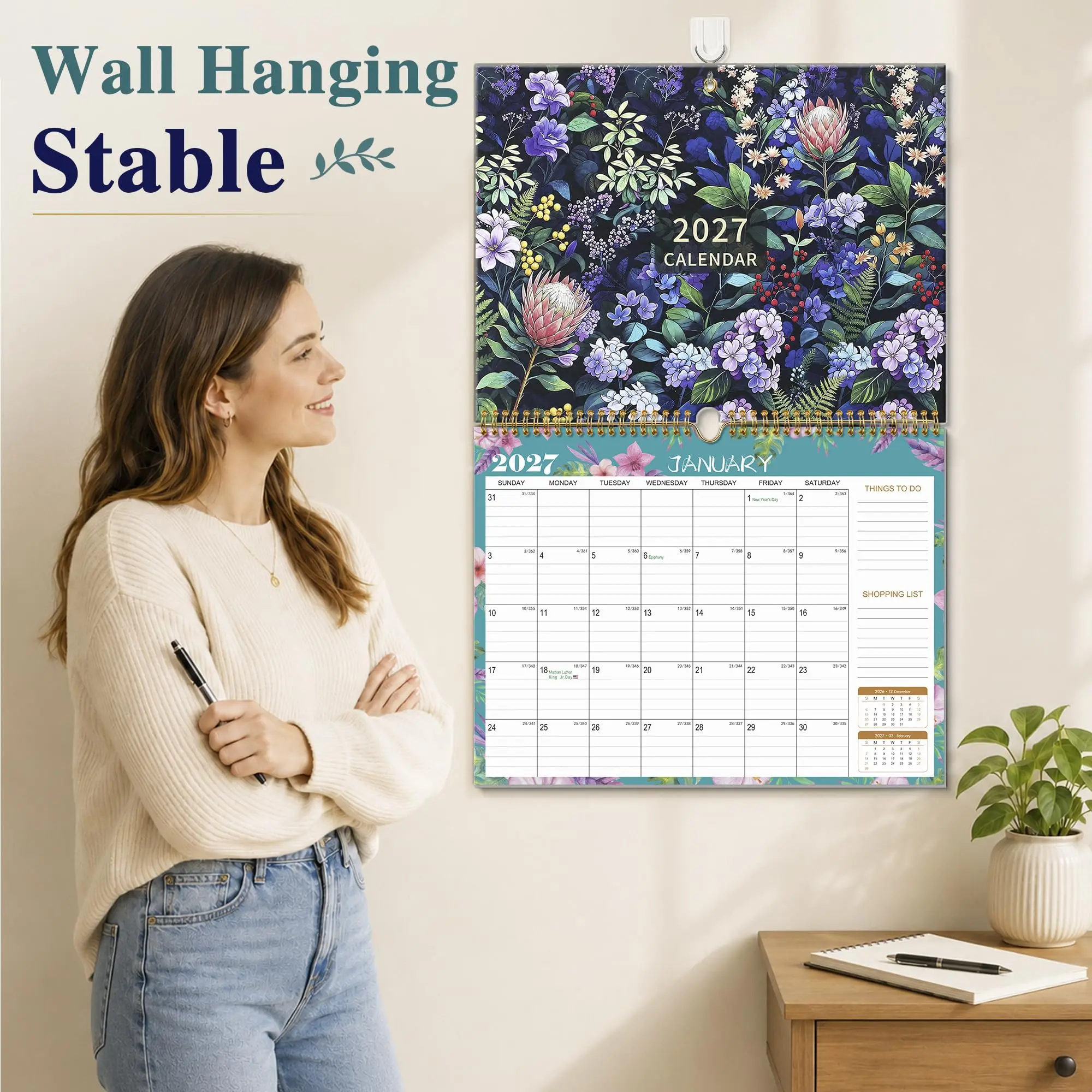 2027 Hanging Wall Calendar Jan-Dec Botanical Floral Cover Spiral Monthly Schedule Planner with Notes Section Home Decor Gift