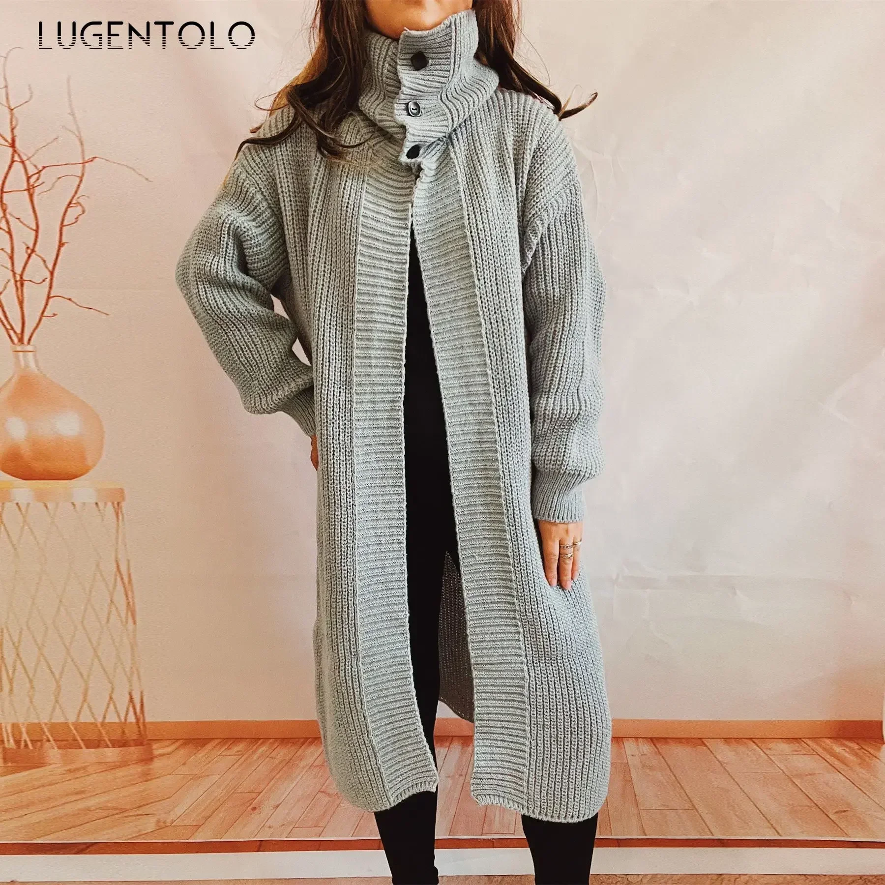 

Women New Knitted Sweater Turtlneck Loose Autumn Winter Solid Lapel Lady Casual Three Buttons Cardigan Long Cloth