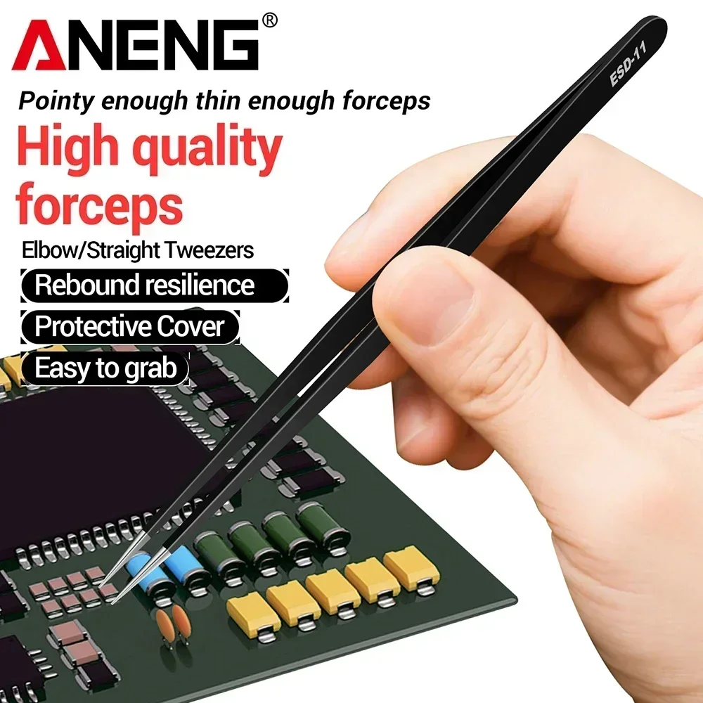 Stainless Steel Tweezers ANENG Straight headed/Bend Tweezers Anti-Static Steel Electronics Repair Soldering Craft Hand Tools