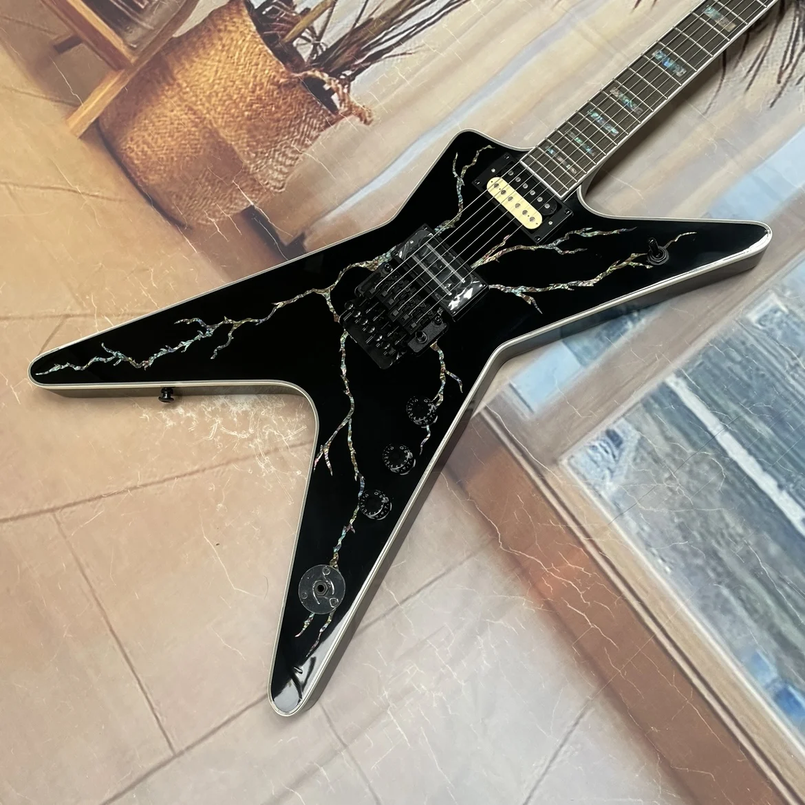 6-string black electric guitar with abalone inlay lightning finish, HH pickups,black hardware guitars,high-end electric guitarra