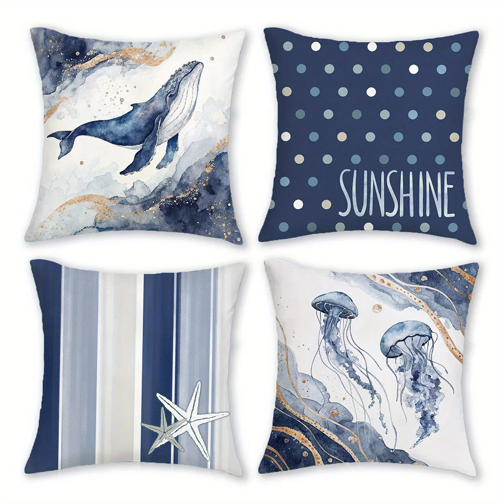 Blue Ocean Themed Pillowcases: Whale, Jellyfish, Stripes & Sunshine Design Sofa cushion cover home room decoration