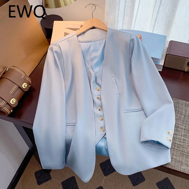 

EWQ Single Breasted V Neck Blazer For Women Fashion Loose Long Sleeve Solid Coat Clothing Office Lady 2024 Autumn New 27X701