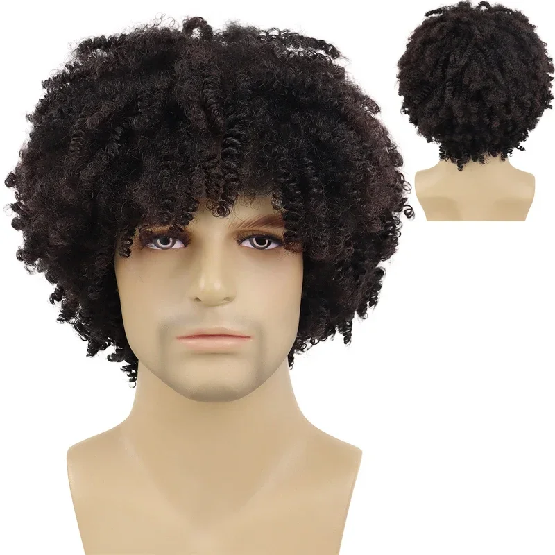 GNIMEGIL Synthetic Afro Curly Hair Wigs with Bangs for Man Wig Short Natural Hair Male Wig 80s Costume Halloween Cosplay Wigs