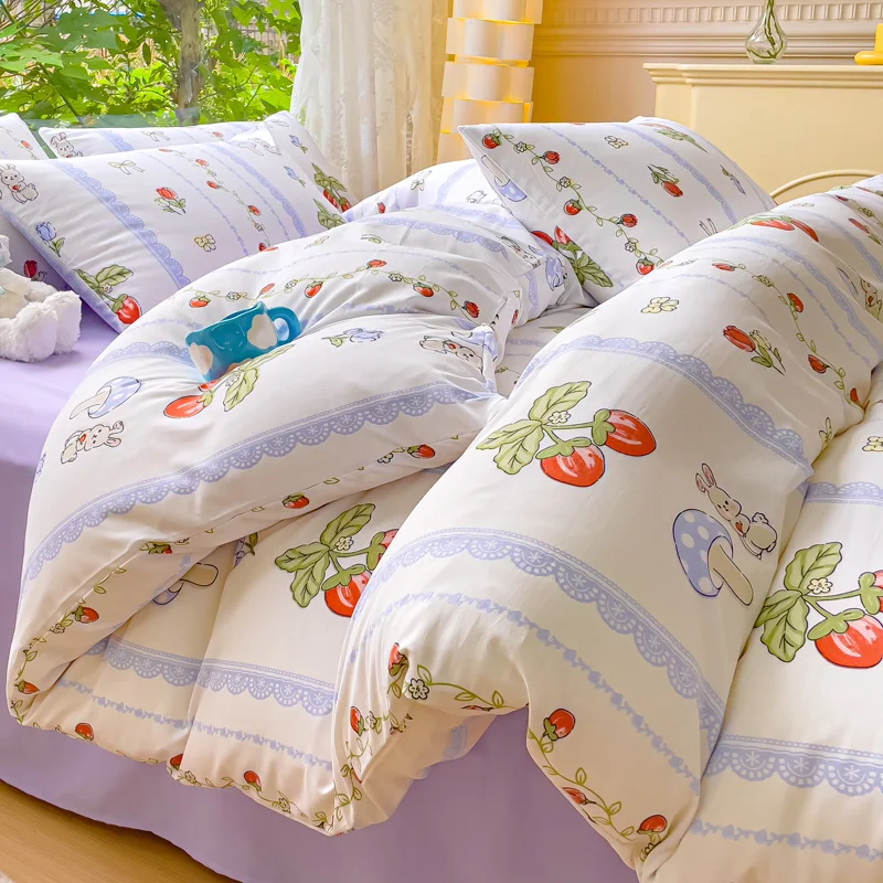 Cartoon Rabbit Duvet Cover 4pcs Set Lace Pattern Bedroom Comforter Cover Mushroom Plant Bedding with 1 Bed Sheet 2 Pillow Cases