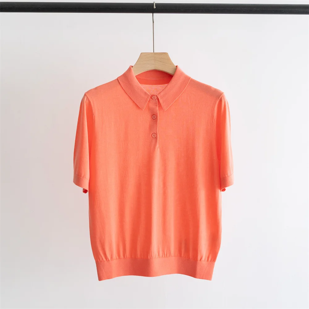 Polo Neck Simple Versatile Casual Knitted Short-Sleeved Breathable Cool Sophisticated Top For Women