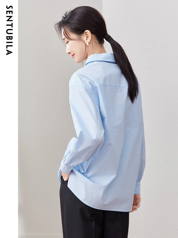 SENTUBILA Comfortable 100% Cotton Blue Shirts for Women 2024 Spring Elegant fashion Long Sleeve Tops Shirts & Blouses 133C50499