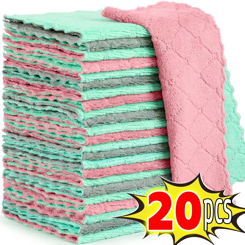 20/1pcs Microfiber Cleaning Cloths Double-layer Super Absorbent Coral Fleece Towels Non-stick Oil Dishcloths Scouring Pads Rags