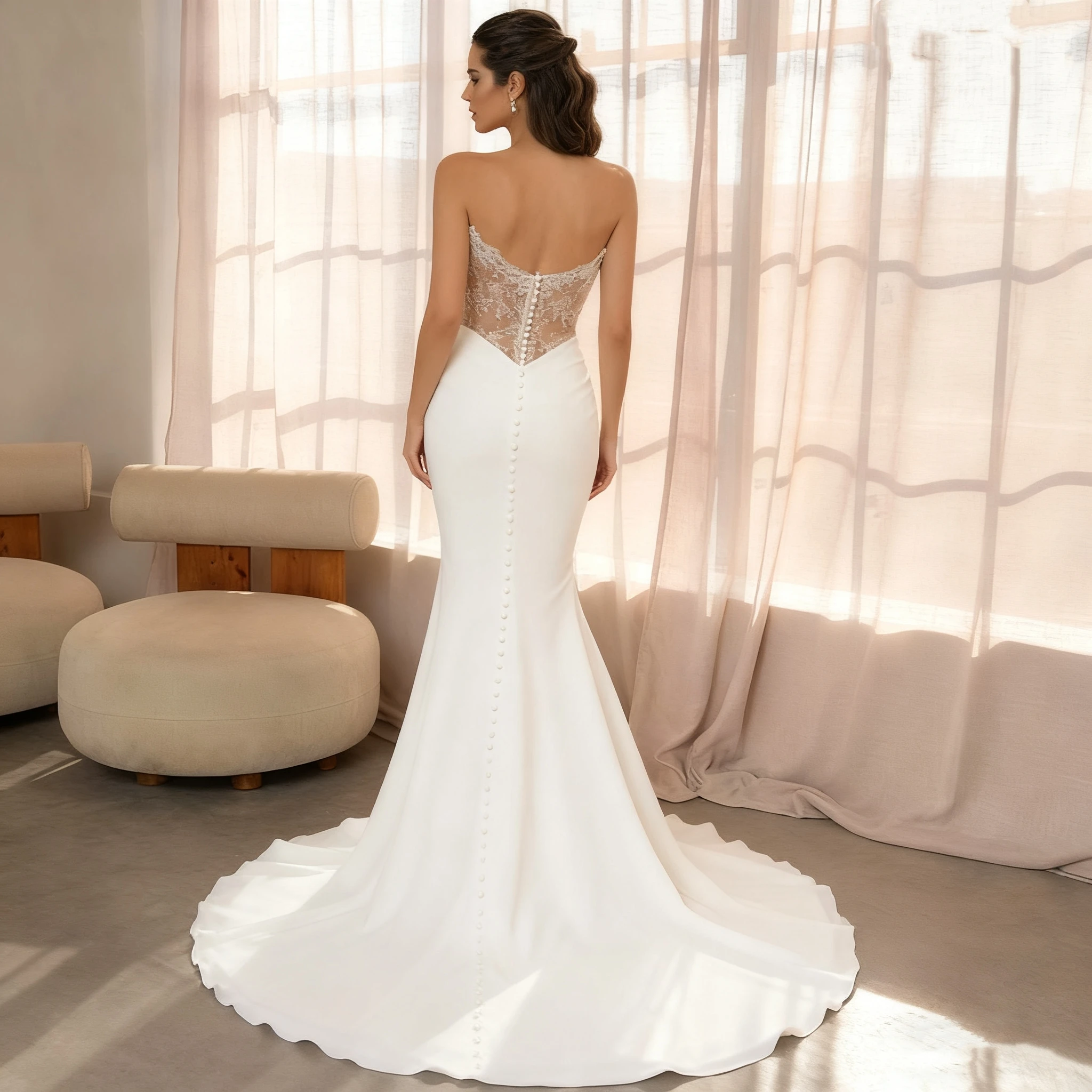 モダンマーメイドフロントスリットブライダルガウンは、女性のための寸法に合わせてカスタマイズできます。見事なサイドスリットコートトレインエレガントなボタンローブ