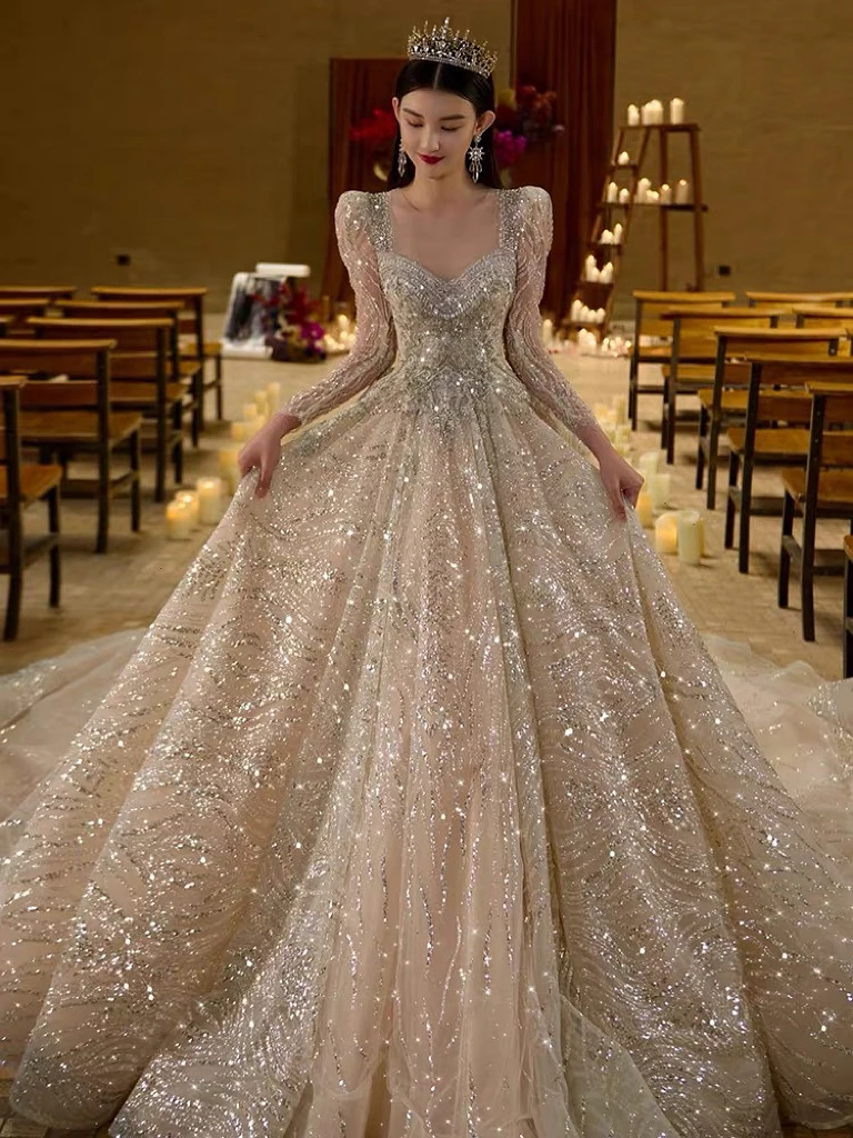 

Ball Wedding Dresses Long Sleeve Illusion O-neck Sequins Glitter Shiny Trailing Woman Church Vintage Formal Bride Gowns 2024