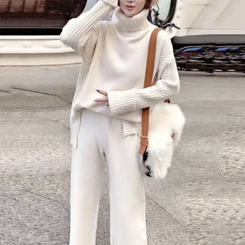 2025 Autumn and Winter New Loose Turtleneck Sweater Suit Female Western Style Fashion Wide Leg Pants Two-Piece Set Female