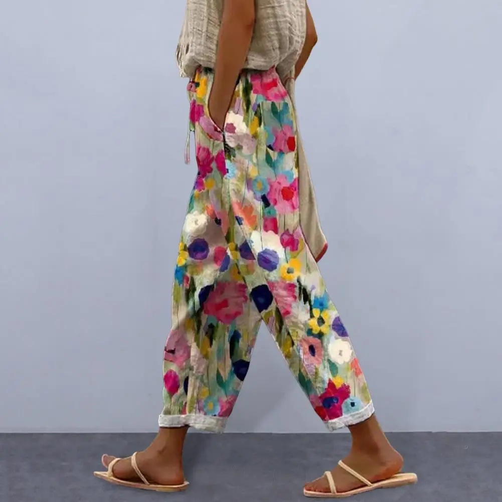 Women Casual Pants Elastic Waist Drawstring Harem Pants Digital Floral Print Beach Office Shopping Daily Long Trousers